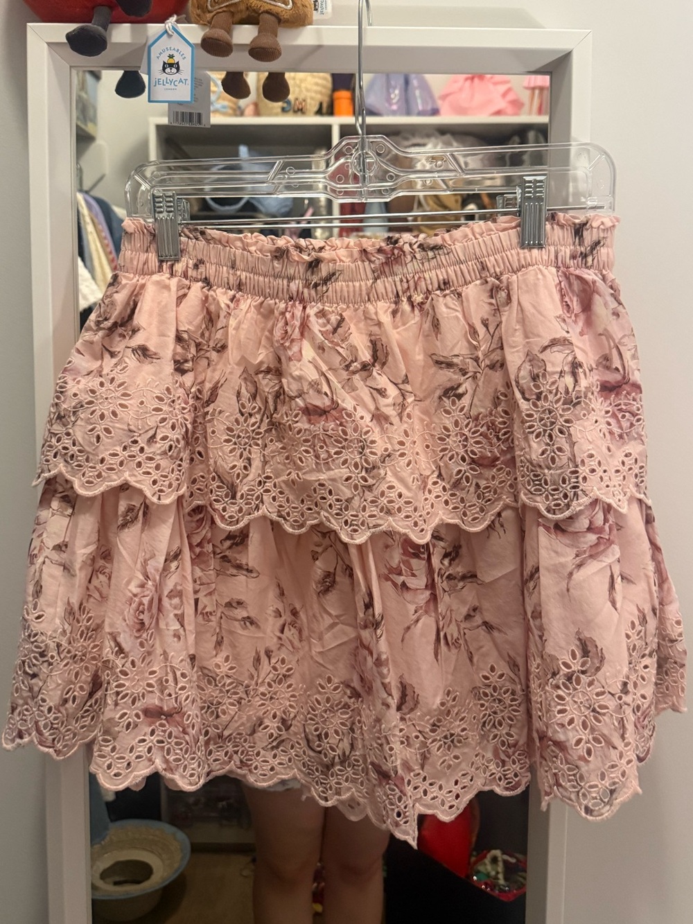 LoveShackFancy Dusty Blush Floral Eyelet Tiered Mini Skirt